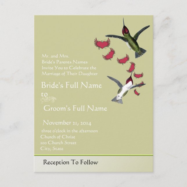 Hummingbirds Romantic Hearts with Wings Invitation Postcard (Front)