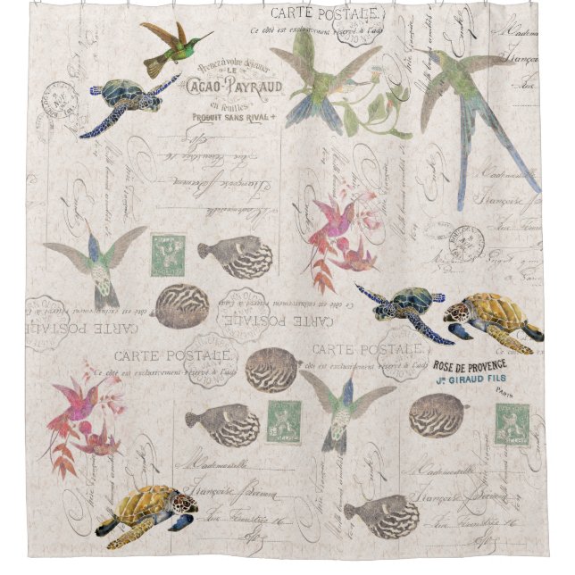 Hummingbirds Sea Turtles Blowfish French Ephemera Shower Curtain (Front)