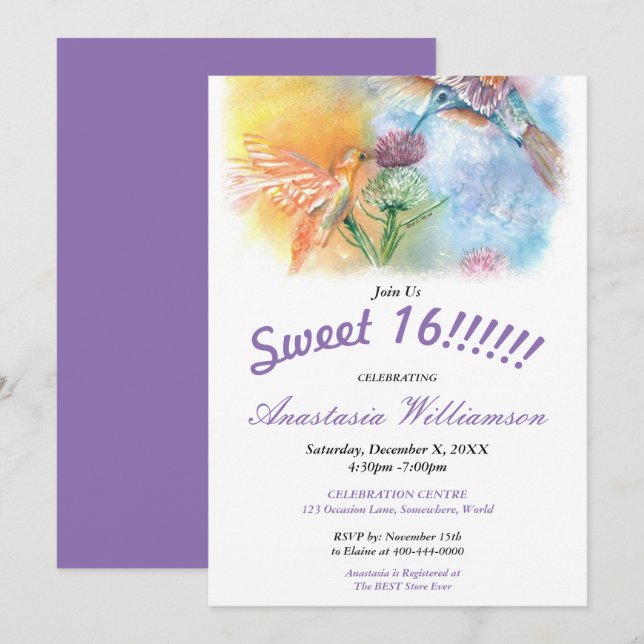 HUMMINGBIRDS SWEET 16! PARTY INVITATION (Front/Back)