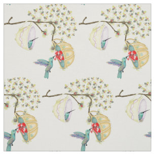 Hummingbirds Teacups Spring Floral Garden Fabric