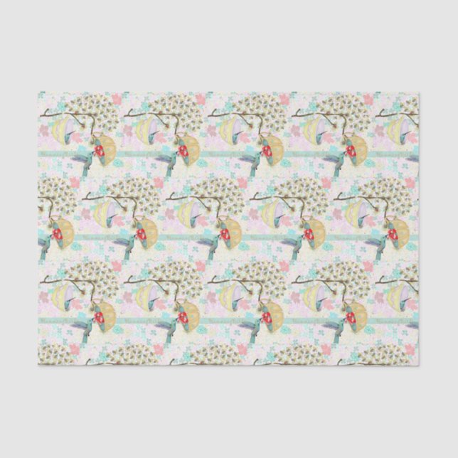 Hummingbirds Teacups Spring Floral Garden Tissue Paper (Front)