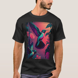 Hummingbirds Tropical Birds in Flight Vaporwave Fu T-Shirt