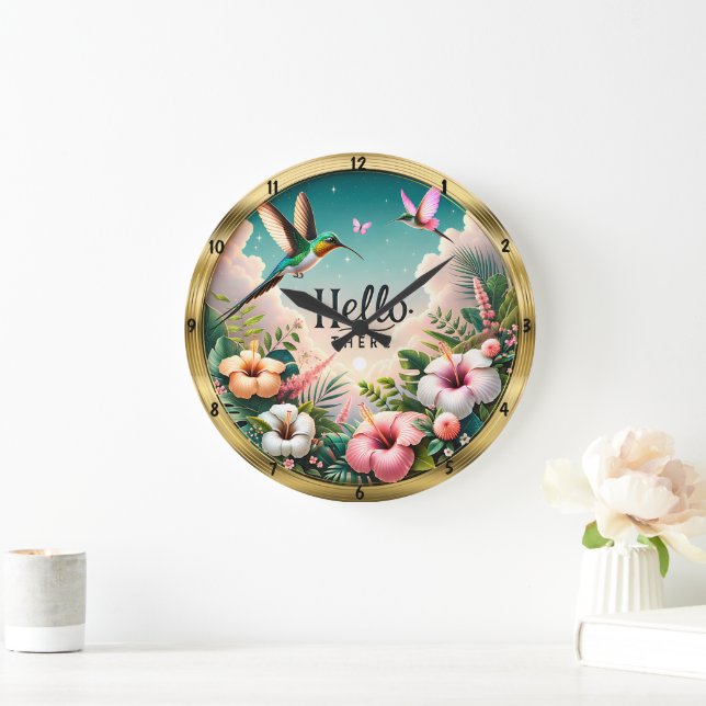 Hummingbirds Tropical Flowers Hello There Large Clock (Home)