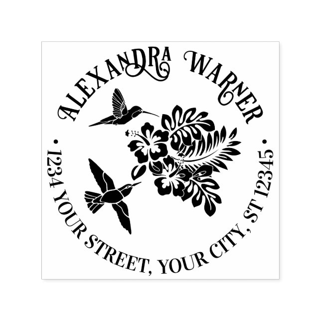 Hummingbirds & Tropical Hibiscuses Name Address  Self-inking Stamp (Design)