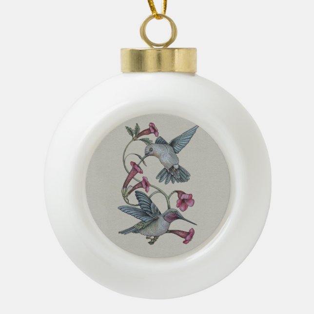 Hummingbirds & Vine Ceramic Ball Christmas Ornament (Front)