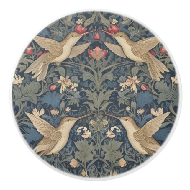 Hummingbirds William Morris style Hummingbird Ceramic Knob (Front)