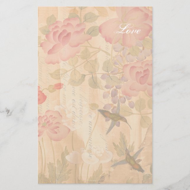 Hummingbirds Wisteria Roses Flowers Floral Poem Stationery (Front)