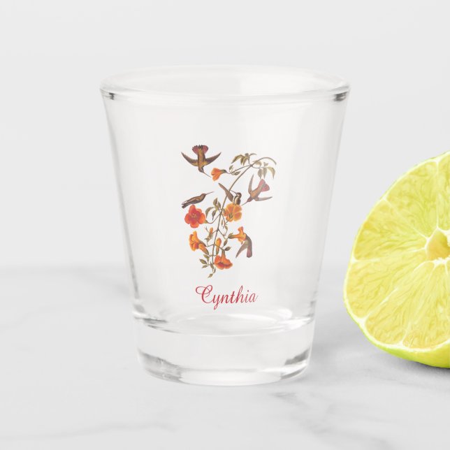 Hummingbirds with Flowering Vine Vintage Art Shot Glass (Front)