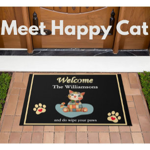 Humor Happy Cat Custom Black Gold Welcome Doormat