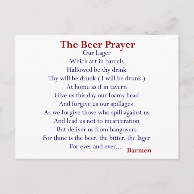 Humorous Beer T-shirts & Gifts, The Beer Prayer! Postcard (Front)