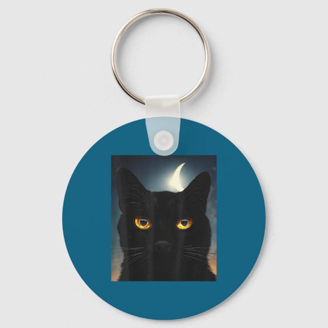 Humorous Black Cat Solar Eclipse Key Ring (Front)