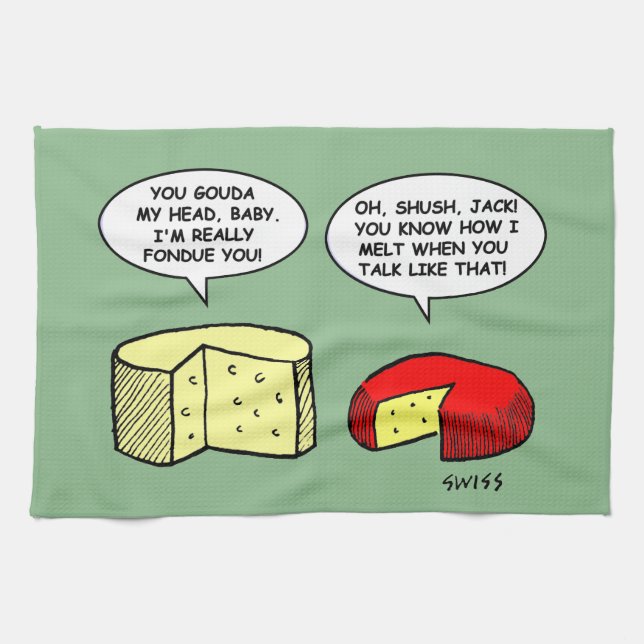 Humorous Cheese Tasting Party Cartoon Kitchen Tea Towel (Horizontal)