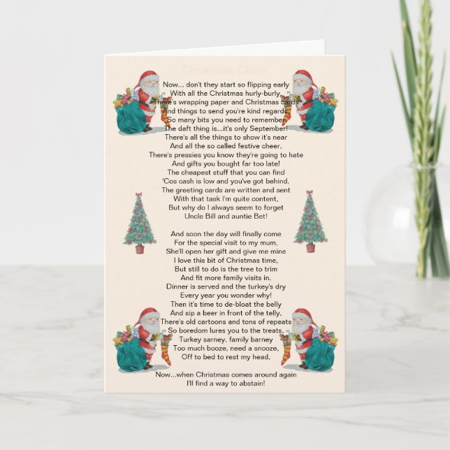 humorous christmas poem santa and xmas tree art holiday card (Front)