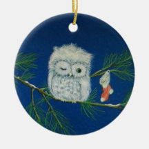 Humorous owl keeping an eye on Christmas stocking