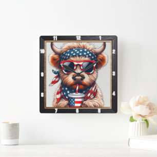 Humorous Patriotic Highland Cow Square Wall Clock