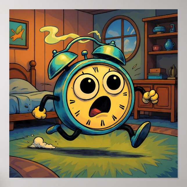 Humorous Retro Art: Ablaze Running Alarm Clock Poster (Front)