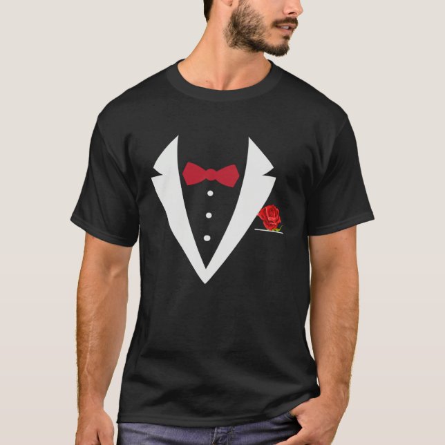 Humorous Valentine s Day Tuxedo Red Bow Tie T-Shirt (Front)