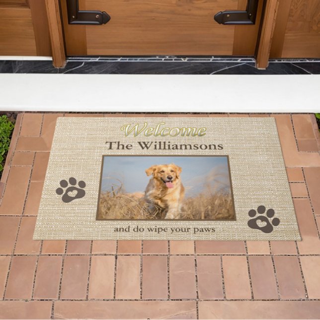 Humour Dog Photo Custom Burlap Texture Welcome   Doormat (Creator Uploaded)
