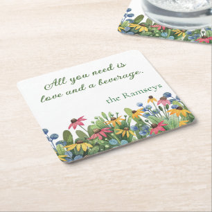 Humour Quote, Watercolor Wildflowers Square Paper Coaster