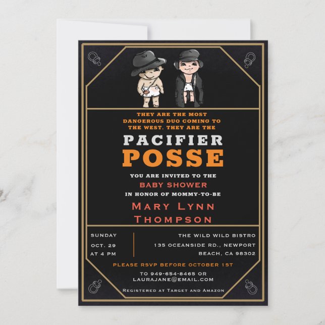 Humour Twins Pacifier Posse Wild West Baby Shower Invitation (Front)