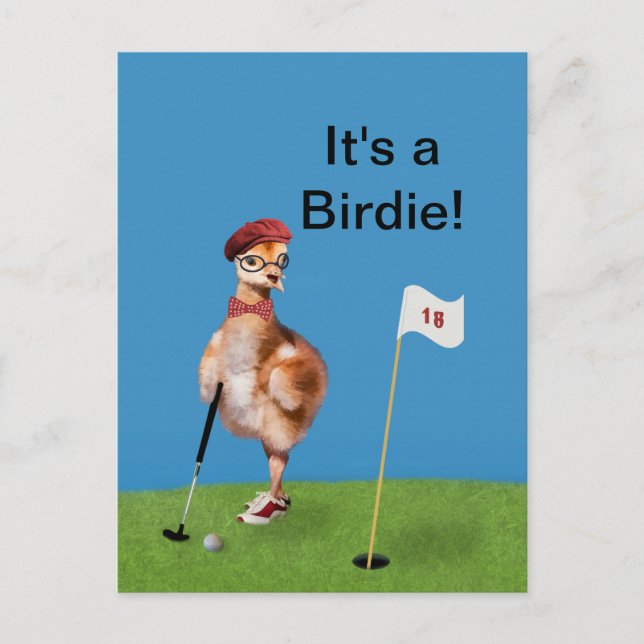 Humourous Bird Playing Golf, Customisable Text Postcard (Front)