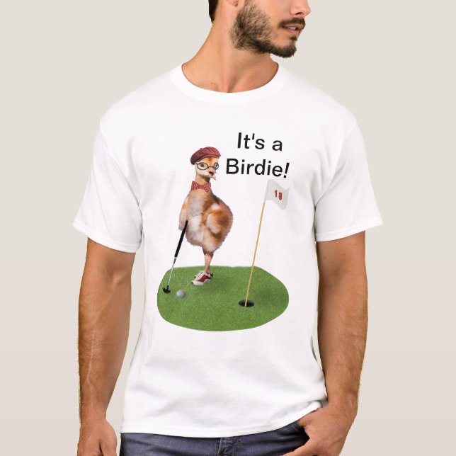 Humourous Bird Playing Golf, Customisable Text T-Shirt (Front)