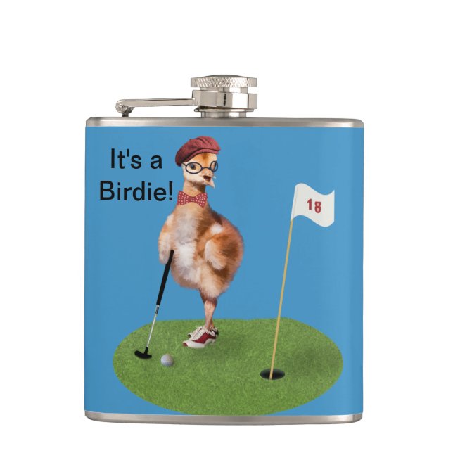 Humourous Bird Playing Golf Hip Flask (Front)