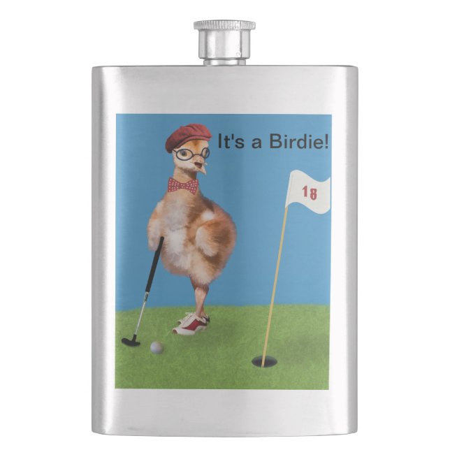 Humourous Bird Playing Golf Hip Flask (Front)