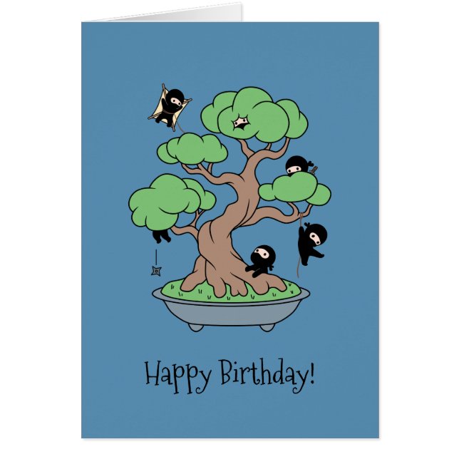 Humourous Birthday Ninjas in Bonsai Blue Card (Front)