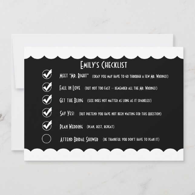 Humourous Bridal Shower Invitation, Funny Checklis Invitation (Front)