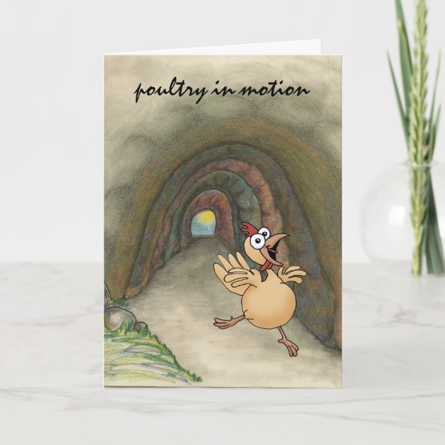 Humourous chicken moving to new life/home card (Front)