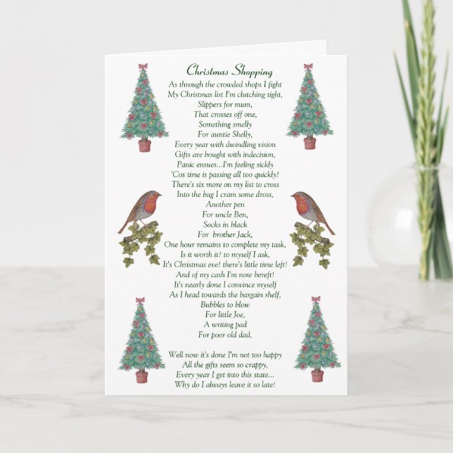 humourous christmas poem robin and xmas tree holiday card (Front)