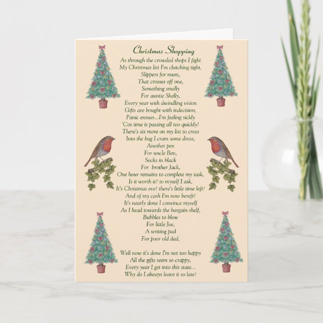 humourous christmas poem robin and xmas tree holiday card (Front)