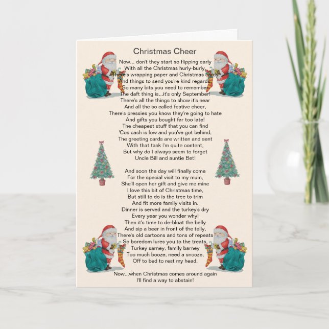 humourous christmas poem santa and xmas tree art holiday card (Front)