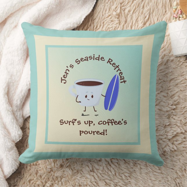 Humourous Coffee Surfer with Surfboard Name Text Cushion (Blanket)