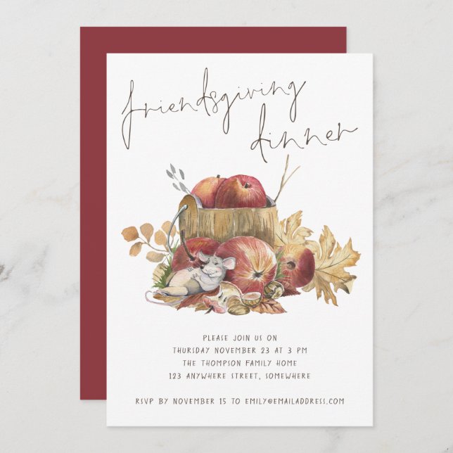 Humourous Cute Mouse Apples Friendsgiving Dinner Invitation (Front/Back)