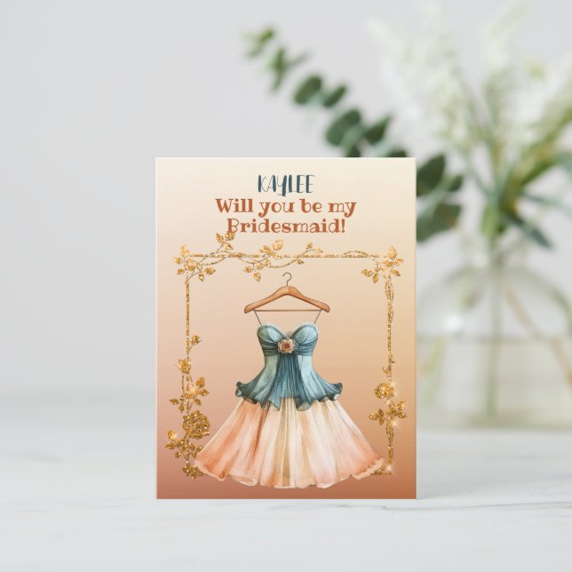 Humourous Dress Will You Be My Bridesmaid Invitation Postcard (Standing Front)