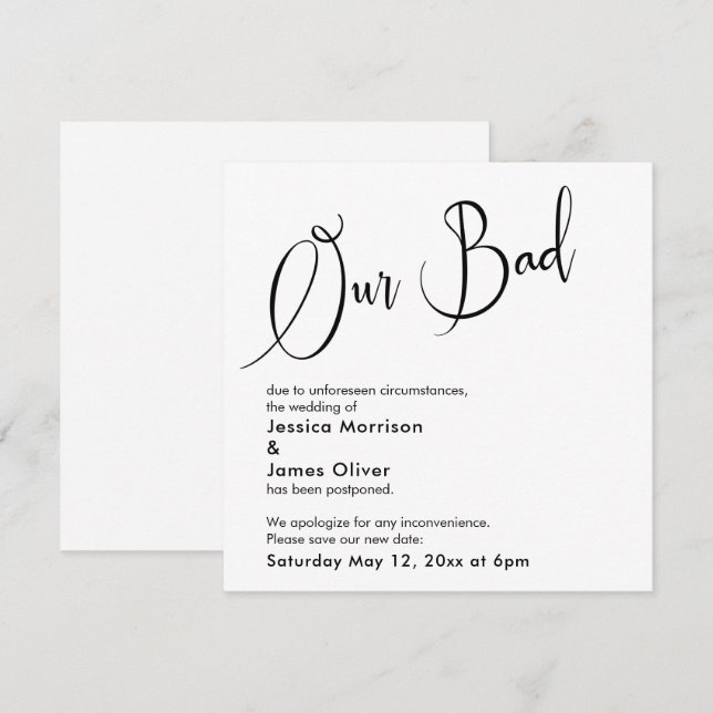 Humourous, Elegant "Our Bad" Postponed Wedding Car Invitation (Front/Back)