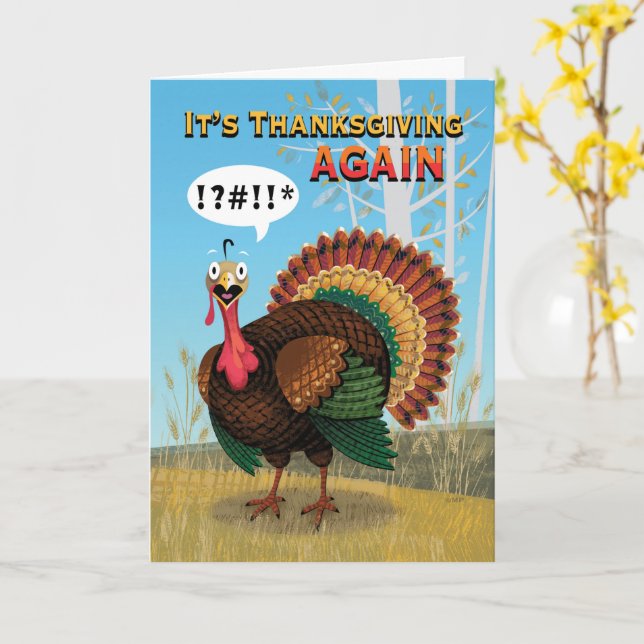 Humourous Fat Turkey Remembers Thanksgiving Card (Yellow Flower)