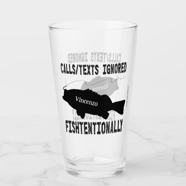 Humourous Fishing Fish Silhouette Text Design Glass (Front)