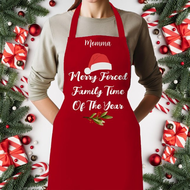 Humourous Forced Family Time Holiday Design Apron (Merry Forced Family Time Of The Year Santa Hat Apron, Customize, Personalize)