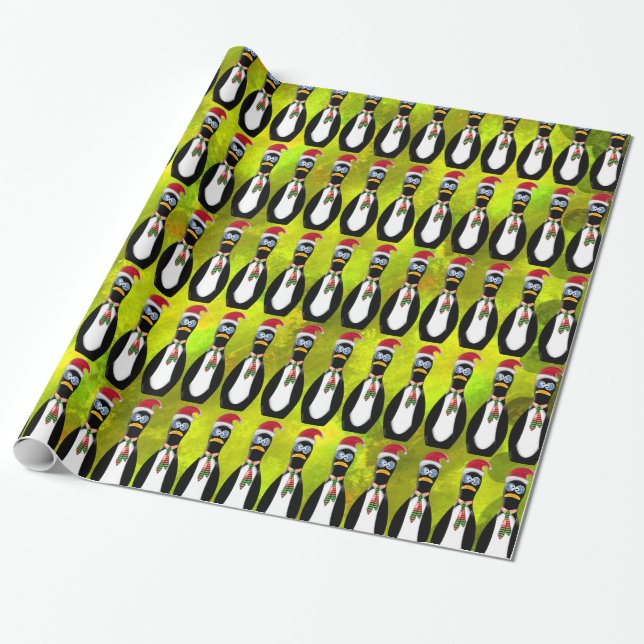 Humourous Frazzled Santa Penguin on Chartreuse v2 Wrapping Paper (Unrolled)