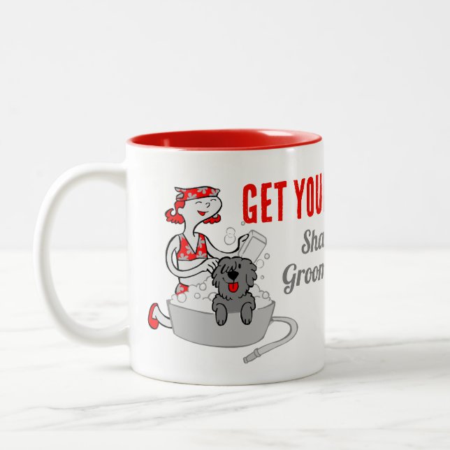 Humourous Get Your Groom On in Red Groomer's Two-Tone Coffee Mug (Left)