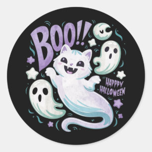 Humourous Ghost Cat Boo Kitty Halloween  Classic Round Sticker