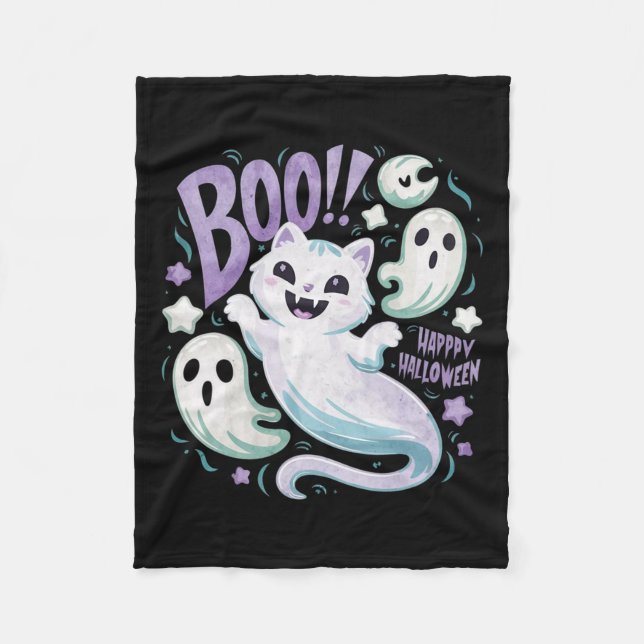 Humourous Ghost Cat Boo Kitty Halloween  Fleece Blanket (Front)