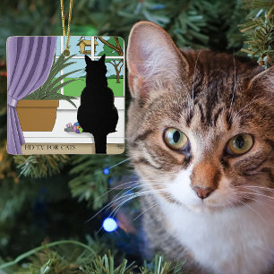 Humourous Green Curious Black Cat Window Ceramic Ornament