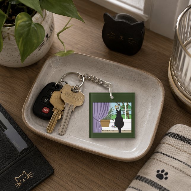 Humourous Green Curious Black Cat Window logo Key Ring (Creator Uploaded)