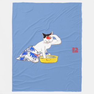 Humourous Japanese Cat Bathing I Fleece Blanket