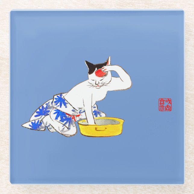 Humourous Japanese Cat Bathing I Glass Coaster (Front)