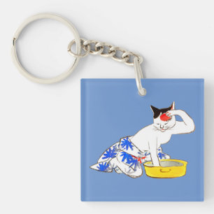 Humourous Japanese Cat Bathing I Key Ring